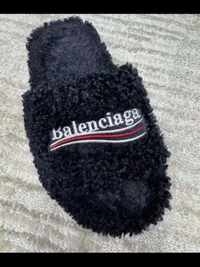 Balenciaga Black Fuzzy Logo Slide Sandal with Red & White Accent